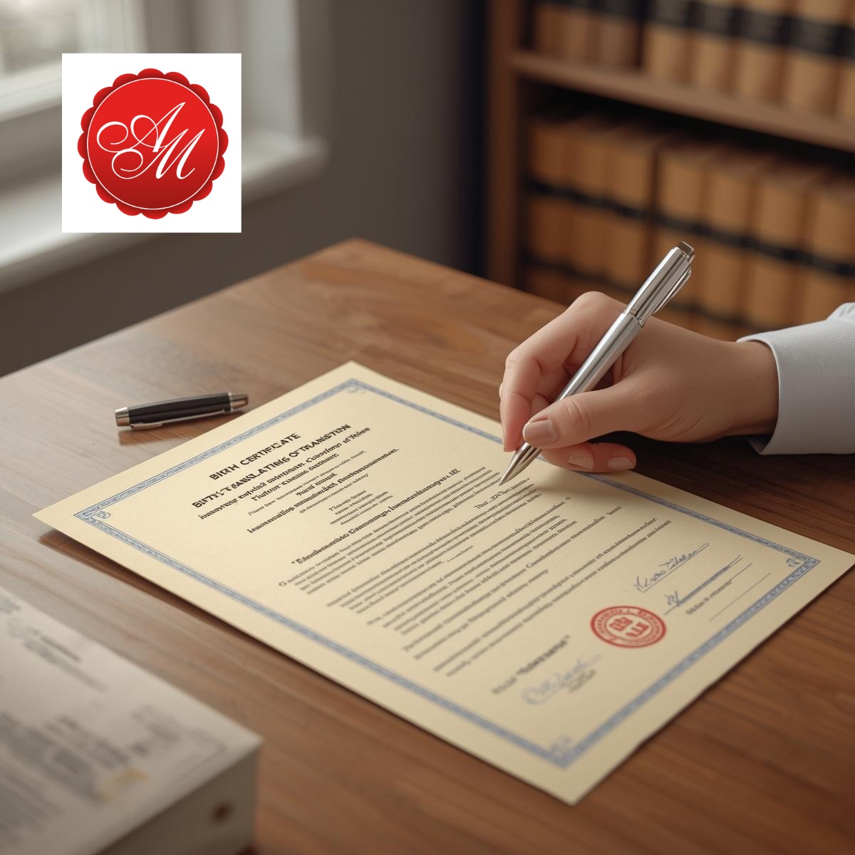 Tłumacz przysięgły podpisuje tłumaczenie aktu urodzenia na biurku z pieczątką i dokumentami.